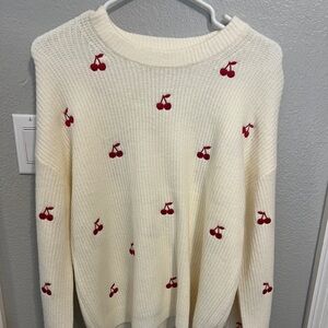 a new day Cream Crewneck Sweater with Red Cherry Embroidery